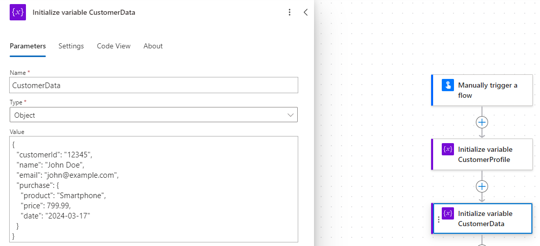 JSON object including data